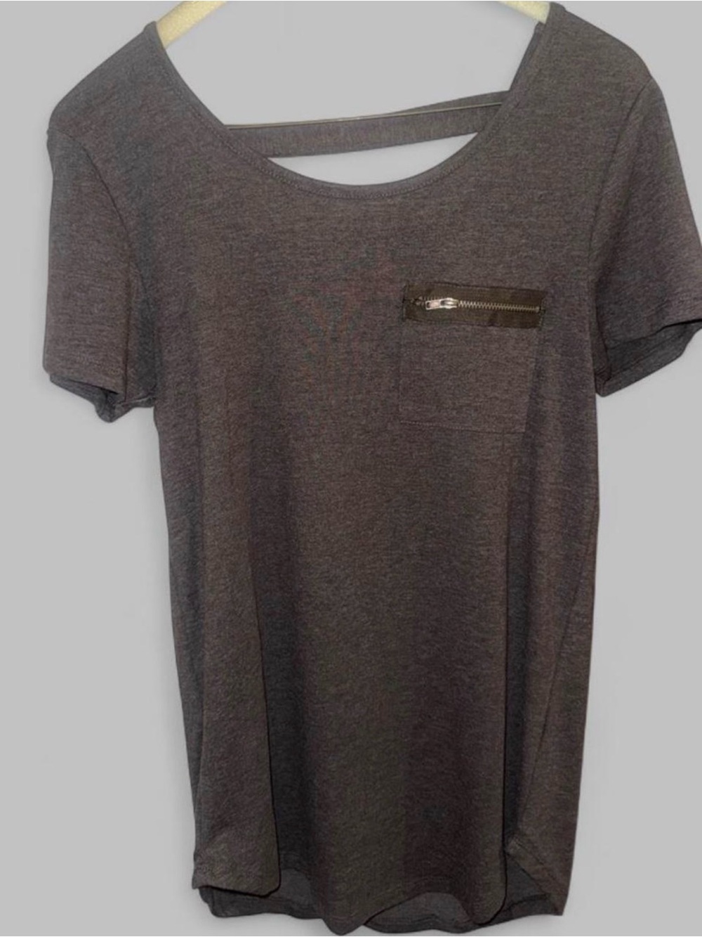 Women's Short Sleeve Scoop Neck Top with Zip Pocket - Charcoal Gray